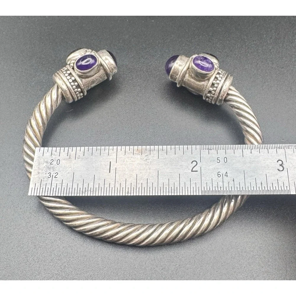 Bali Artisan-Style Sterling Silver Amethyst Twisted Cable Cuff Bracelet 61.15g